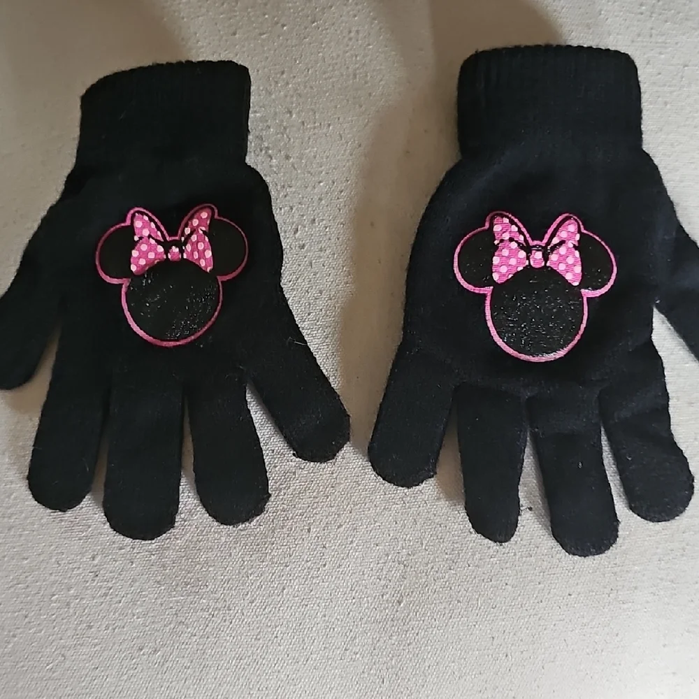 Kids Black Gloves with Pink Bow Design